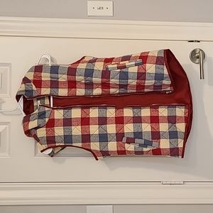Red and blue plaid hooded puffer vest